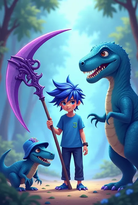 A boy with blue and purple hair blue shirt blue pants purple scythe blue T-Rex and a T-Rex hat in blue color