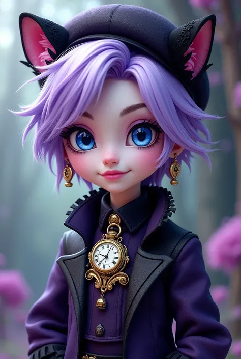 Imagem do filho da Kitty Cheshire e da Bunny Blanc de Ever After High: A cute teenage boy with lavender hair, pale skin, blue eyes with cat pupils, dark purple and black outfit with clock elements, cat ears like a beret 