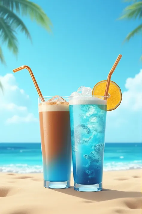 create a logo consisting of 2 glasses and the first glass contains a cocktail and the second glass contains Milo and also combines blue cocktail and brown Milo with a beach background with a summer picture and the words Milo in brown and the words Cocktail...