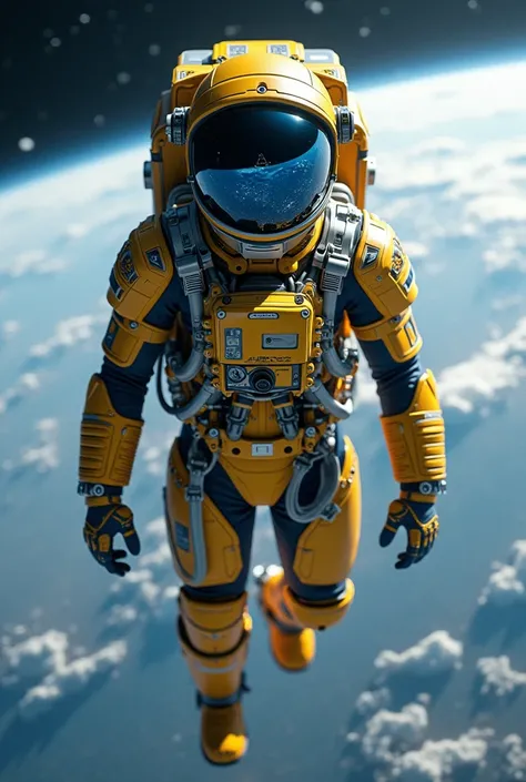 Photorealism 1.3 realism high quality epic realism astronaut cyborg style suit  yellow blue floating in the space background earth from space  jetpack 