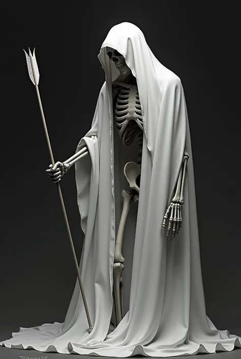 the image of a skeleton, wrapped in a white sheet and holding an arrow in his right hand