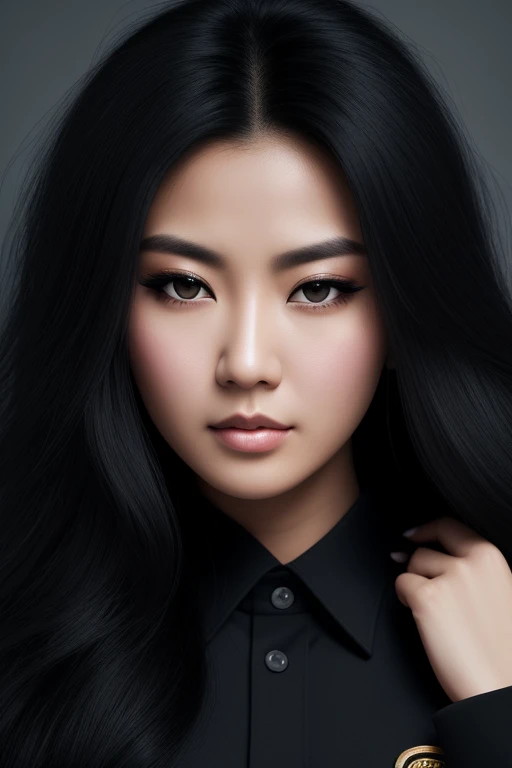 jet black hair,midium long hair,lion‐like hair,wolf-like hair,frizzy hair,thick hair,fluffy hair,most very heavy weight hair,most very voluminous hair,shiny jet black hair,female jail officer,black uniform,black pants,1 chinese woman,tall woman,height 1.95...