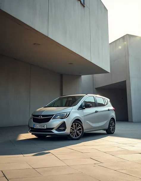 professional photograph, advertisng, eye level shot, three quarters angle of a Opel Meriva B parked beside angular brutalist architecture, , camera positioned slightly off-center, building makes graphic shapes with shadows, Canon R5 camera, 50mm f.2.8 , ha...