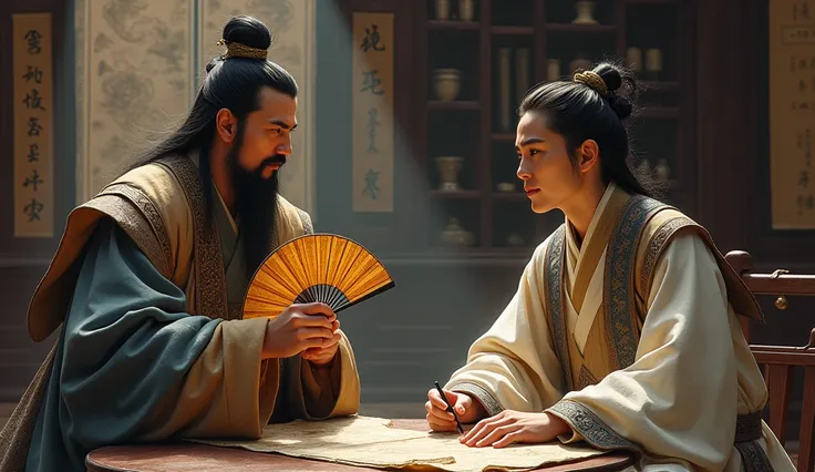 Zhang Zhao of the Three Kingdoms period held a fan and discussed strategies with King Sun Quan.