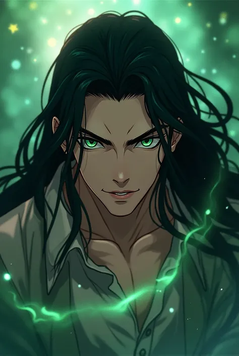 Enter scene 
The character is a 2 male. The character is White race, very fair skin and has long black hair, emerald eyes. he is Very handsome. Looking down on you expression. Animated art inspiration. Ultra high quality.