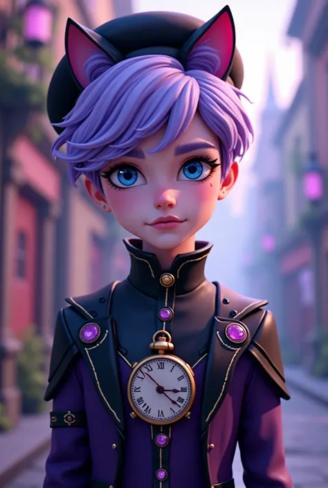 Imagem do filho da Kitty Cheshire e da Bunny Blanc de Ever After High: A handsome serious teenage boy with lavender hair, pale skin, blue eyes with cat pupils, dark purple and black outfit with clock elements, cat ears like a beret 