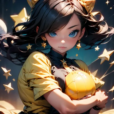 A girl with a star in her hair has small eyes with small lips and a ball in her arms