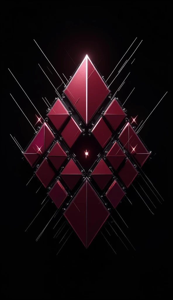 Midnight Prism: A fractured, geometric design on a jet-black background, where sharp, angular shapes in deep maroon contrast with thin lines of bright silver, forming a prism-like pattern that appears to shift and change as you move your gaze.