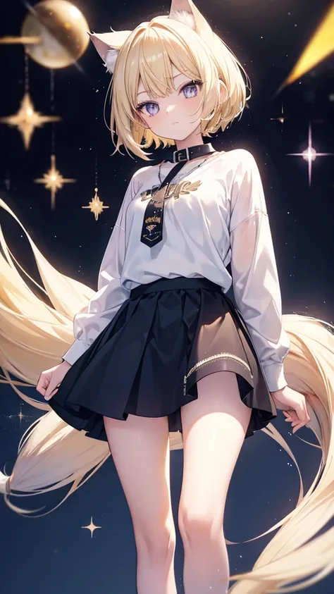 Wolf Cut　Iris　Blonde Looking Up, Character profile, Sparkle Effect, Multiview, casual　cool　whole body　mini skirt　Cat