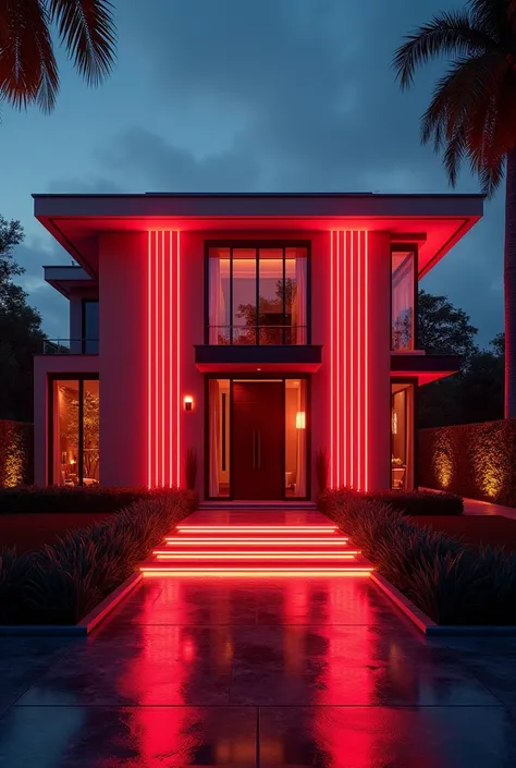 Splendor modified with neon red lights front of luxury house 

