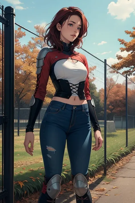 Create a full-body anime-style image of a 20-year-old human female named Sylara Stormblade, she has a lot of time, straight red hair and athletic build. Sylara wears studded armor on her upper body., dark blue skinny jeans, and tall red lace-up boots. In f...