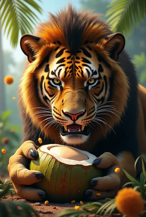 Big cat eats coconut