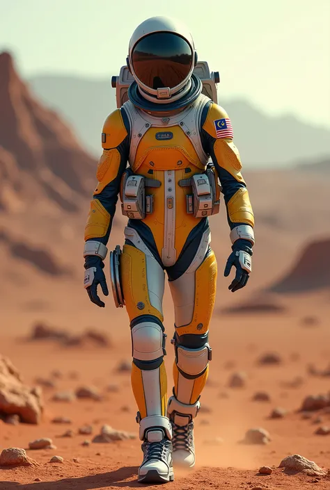 Photorealism 1.3 realism high quality epic realism astronaut cyborg style suit  yellow blue walking at mars Malaysia flag on right sleeve cyborg style helmet