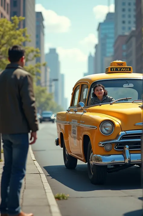 The same taxi from the station approaching the man on the road, with the driver rolling down the window to talk to him.