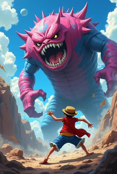 giant pink and blue monster vs luffy