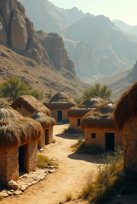 Create an image of the houses that existed in the Chankillo culture, which are believed to have been made of stone and reed roofs (and that the materials are realistic)
