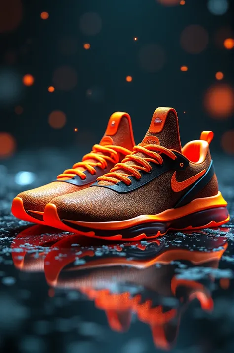 {
  "prompt": "A detailed, epic rendering of a cyberpunk pair of sneakers with intricate design details, displayed in a side view. The sneakers feature neon orange and black gold colors, highlighted by soft volumetric lights and a backlit effect. The scene...