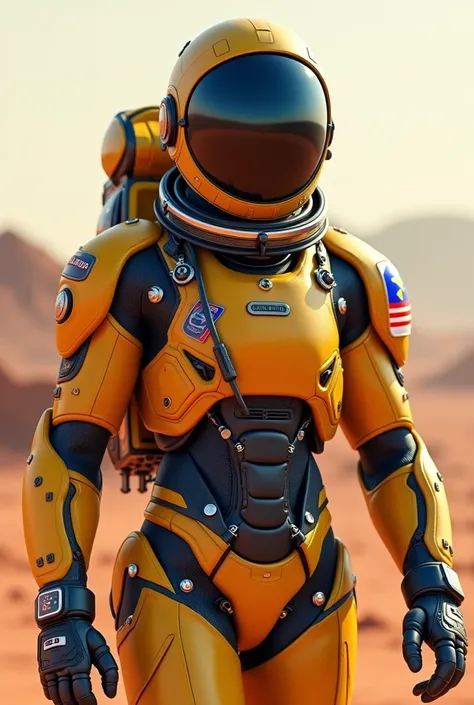 Photorealism 1.3 realism high quality epic realism astronaut cyborg style suit  yellow blue walking at mars Malaysia flag on right sleeve cyborg style helmet body full of gadgets smart watch