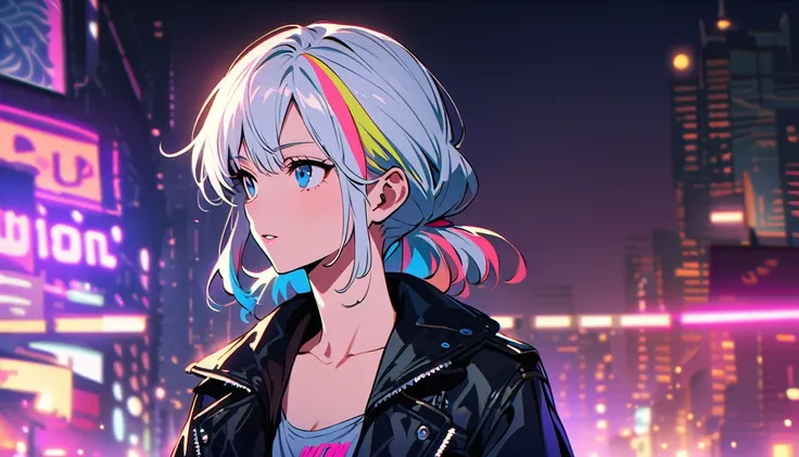 HD 8k Handsome sexy-cute, Solitary, 1 HD-8k Human focus female, looking away Medium Length Hair, white hair, Rainbow hair, hair bun ,blue Eyes, Hip-hop style, background is 1980s City-Pop Night Tokyo,