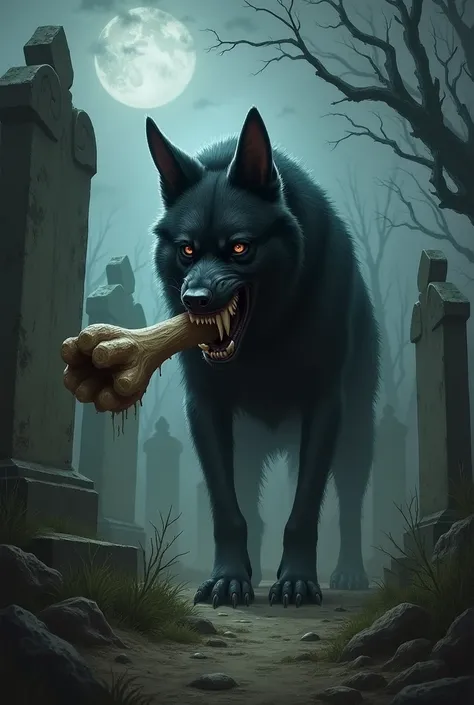 Dog gnawing on a bone, cemetery, dark fantasy illustration