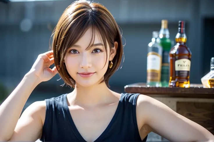 8k,Brown short hair,The best smile、Japanese actress,Super Beauty(Like the real thing),Short sleeve dress,Whiskey bottles、The Macallan、Johnnie Walker、、Old Parr、whiskey、Suntory、Nikka、Slim couple、Model Couple、(Realistic, Intricate details:1.2), full-course di...