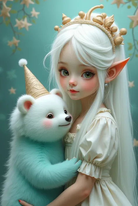 A girl with white hair with bear with mouth hat and its color is cyan and white