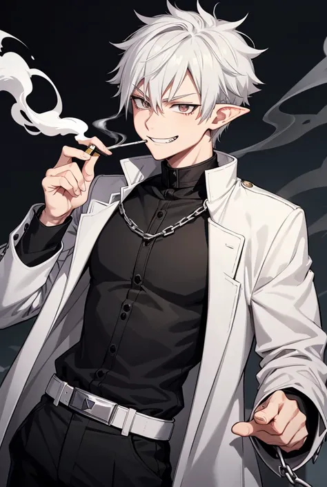 1boy, solo, masculine, boku no hero academia, mature, dark gray eyes, spiky hair, elf ears, white hair, bangs, black shirt, black pants, grey coat, cigarette in mouth, grin, holding a chain with spikes, smoke, medieval, pale skin