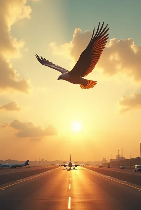 A bird is flying in the top of a flight that landing . The weather is also looking wonderful , it need to be looking alike orginal , 