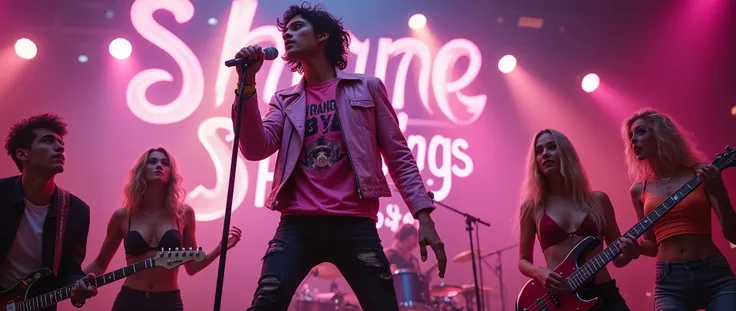 rock concert, "Shane springs" big sign, thin male, white American teen boy 20 years old with medium length black hair, wears a pink shirt with a horror print with and a short light rosa leather jacket, ripped black jeans, shaved, sings in a microphone, jum...