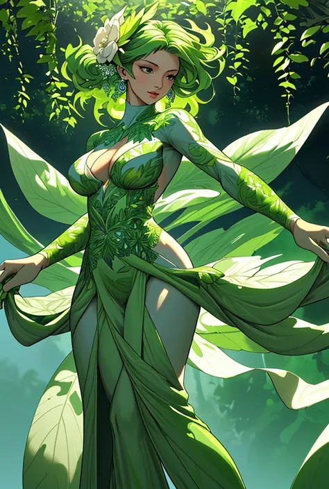 

 A beautiful woman figure intertwined with large, vibrant green leaves. The woman figure will have a graceful and toned physique, with the leaves artistically wrapping around the body. The overall style will be elegant and nature-inspired, with a focus o...