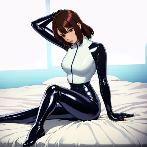  dressed in a latex suit,sitting on the bed, solo, 