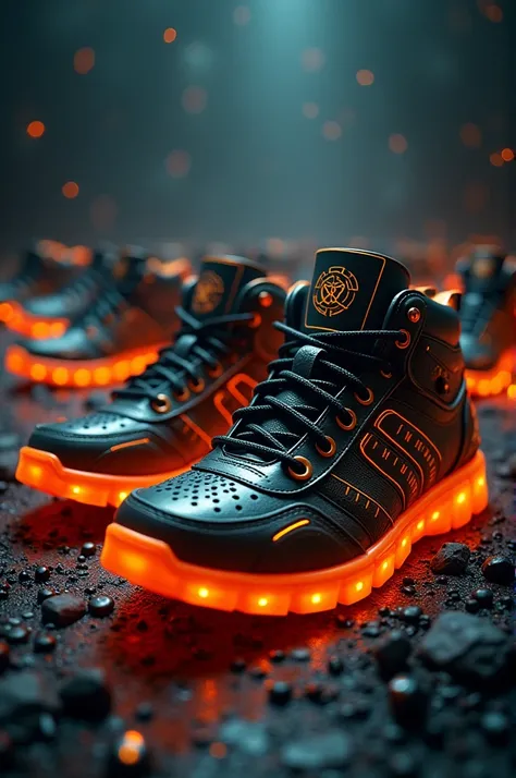 A cinematic poster showcasing a collection of rugged cyberpunk-style shoes, each pair featuring intricate designs in neon orange and black gold colors. The poster displays the shoes in various side views, with soft volumetric lights and a backlit effect th...