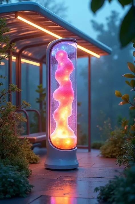 Lava lamp themed air purifier that lights up a futuristic bus stop with greenery 