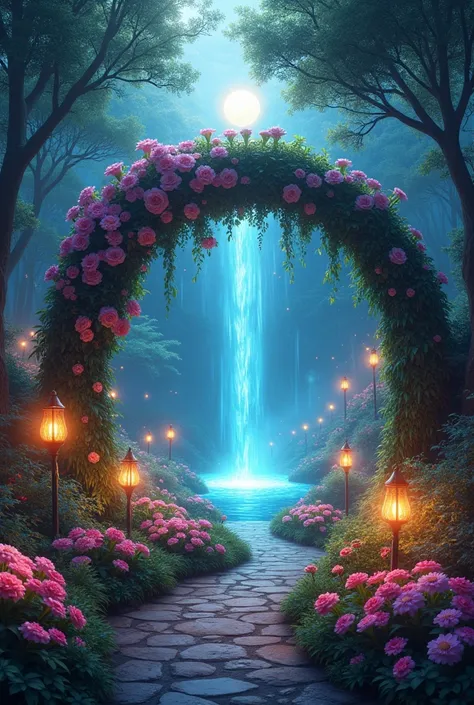 a magical flower forest garden in a stone pathway, with a glamorous glowing waterfall. surrounded by a flower glowing arch and numerous glowing lamp or lights and fireflies and glowing orb deep in night