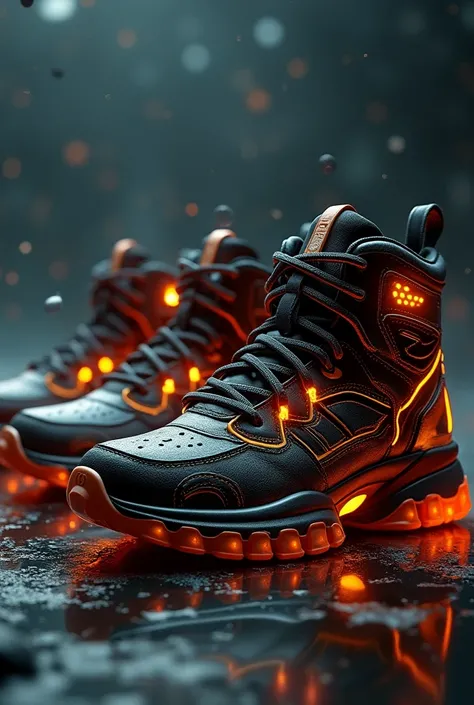 A cinematic poster showcasing a collection of rugged cyberpunk-style shoes, each pair featuring intricate designs in neon orange and black gold colors. The poster displays the shoes in various side views, with soft volumetric lights and a backlit effect th...