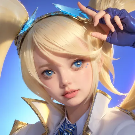 Blonde hair in high pigtails adorned with blue crystal accessories, wearing a white jacket with gold trim and a blue and white striped tie, background of a clear blue sky. A hand gesture indicates pointing or touching the head with gloved fingers. Bright l...