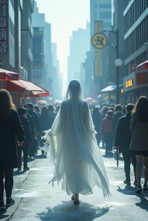 A chilling Yuki-onna, a snow woman spirit, walking through a bustling city street in broad daylight. Despite the summer heat, a cold aura surrounds her, and frost forms on the ground where she steps. Her pale, ethereal beauty contrasts sharply with the bri...