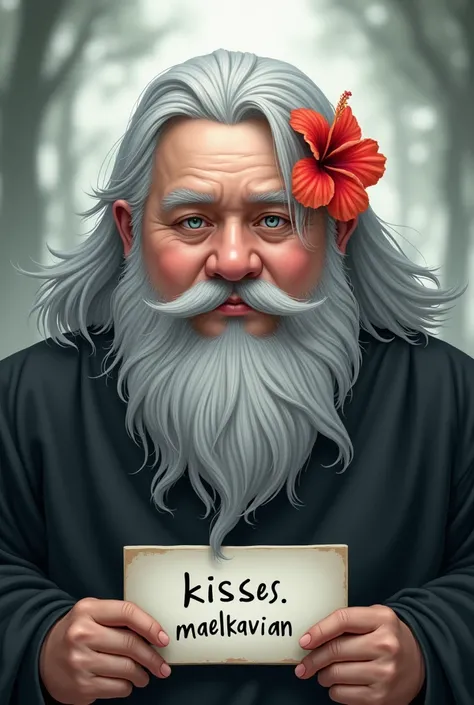 a chubby fifty year old man with ethereal flowing gray hair, shaved temples, silver eyes, a hibiscus flower in her hair, tenant un panneau  Écrire en bas de limage le prénom "Kisses. Maelkavian"
