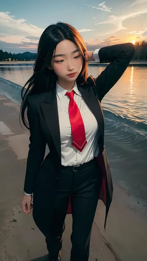 ((Masterpiece, best quality, very detailed), Volumetric light, surrounding occlusion, Rich and colorful, glow), 1 woman, , young girl, (Smooth black), long hair, radius, sacred, goddess, CEO Luke, (black suit, White shirt and red tie:1.3), long black coat,...