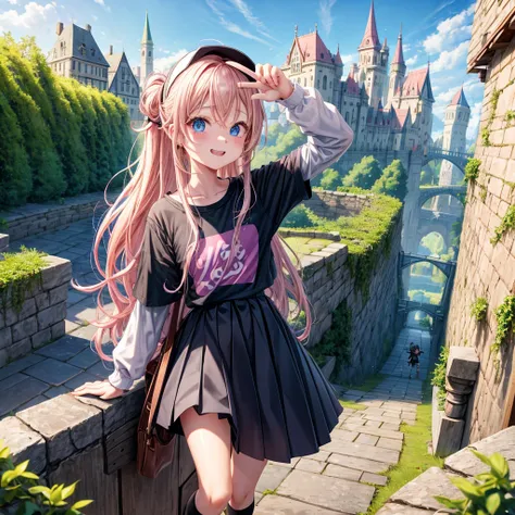 Pink Blonde、blue eyes、Wavy Hair、Hair tied up、Two cute、Checked mini skirt、Black T-shirt、Black knee-high socks、Wearing a baseball cap、Teeth are visible、Monster Castle、Tilting face、grass、In front of the city gates、Underground tunnels、Iron suspension bridge、Th...