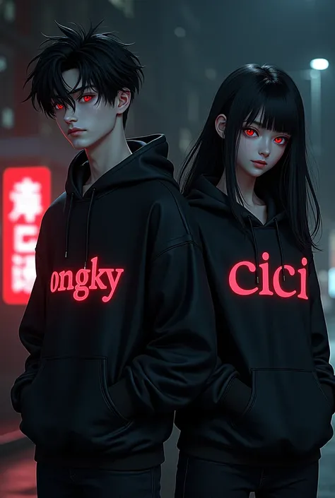 Create couple anime character:

{character 1: {background: night}, white skin,
realistic, HDR, handsome, japan style, full body, age 20, hoodie text: “Ongky”, male, black hair, like mafia, red eye, glow light}

{character 2: {background: night}, white skin...