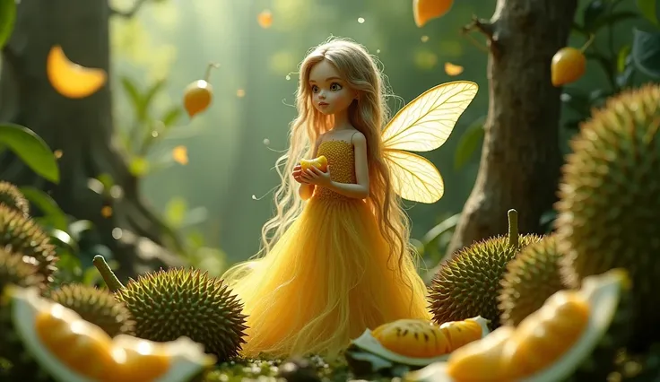 5D lifelike adult doll style, A fairy doll she is holding a durian and is putting it in her mouth to eat, it seems like she is looking away and is standing in a durian garden, standing in her entire body next to a durian tree surrounded by durian trees and...