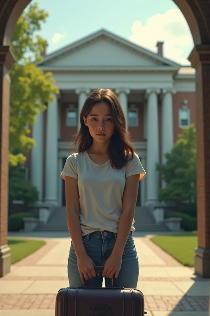 A girl standing in front of the college with white t-shirt denim pants suitcase in front of her and crying 