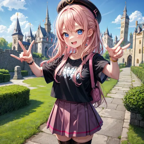 Pink Blonde、blue eyes、Wavy Hair、Hair tied up、Two cute、Checked mini skirt、Black T-shirt、Black knee-high socks、Wearing a baseball cap、Teeth are visible、Monster Castle、Tilting face、grass、In front of the city gates、Underground tunnels、Iron suspension bridge、Th...