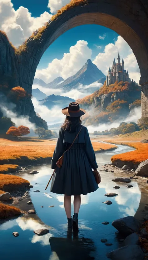 Wearing a long, dark coat and a wide-brimmed hat, the woman stands at the edge of a tranquil stream, her back to the viewer. She holds a bag and a walking stick, focusing on the majestic, fantasy landscape ahead. The scene features towering mountains frame...