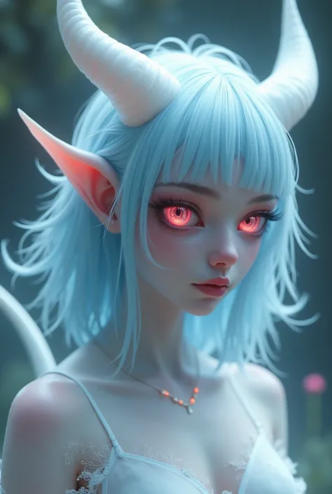 Skyler Moore is an enigmatic looking being, an intriguing fusion of demonic and human traits. Its pale, translucent skin contrasts sharply with its white horns and tail., which are smooth and slightly shiny, giving it an ethereal aura. Their eyes, of an al...