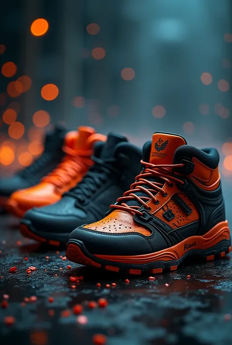 Here’s the prompt adjusted for a front view of the shoes in the poster:

```json
{
  "prompt": "A cinematic poster showcasing a collection of rugged cyberpunk-style shoes, all displayed in a front view. The shoes feature intricate designs with neon orange ...