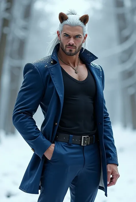 Muscular build man with white hair dark blue suit bear ears on head black pants black tank top blue eyes slim muscular build bear belt snow background