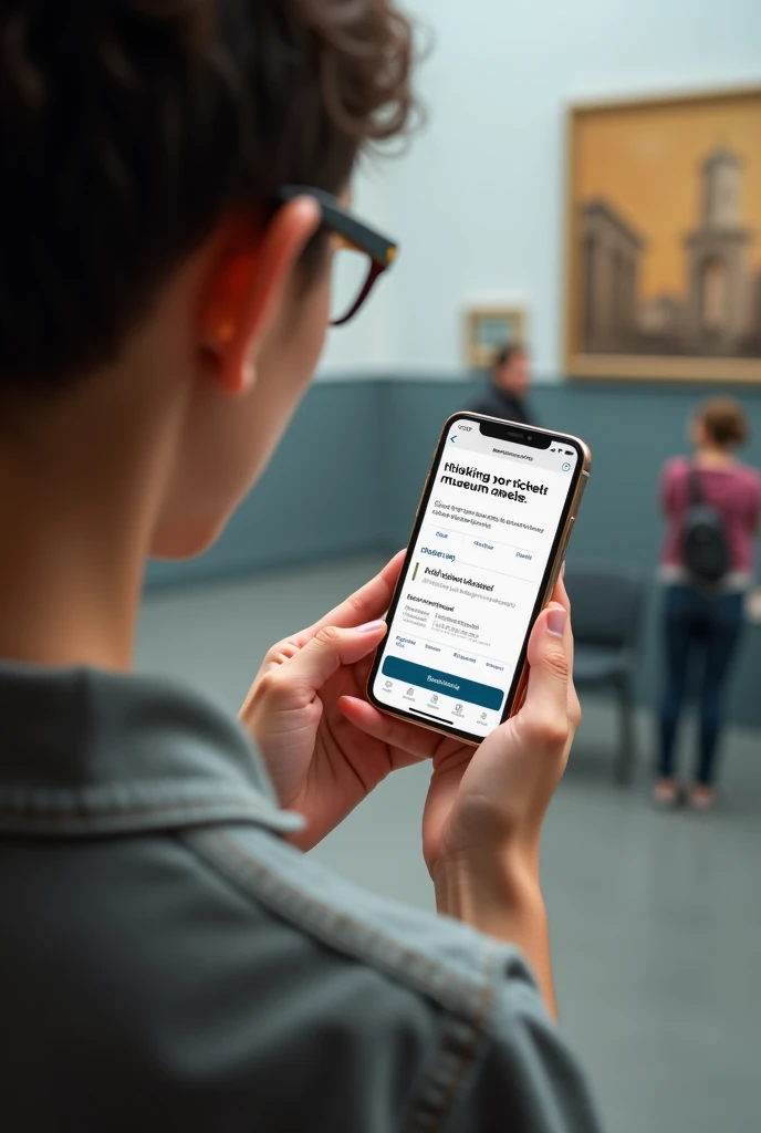 Give me photos for a person hand using a Chatbot on their phone or Computer to book museum tickets  show the  mjseum ticketing clearly on mobile show the person booking museum ticket on mobile wiyh tose details on mobile english museum real details on mobi...