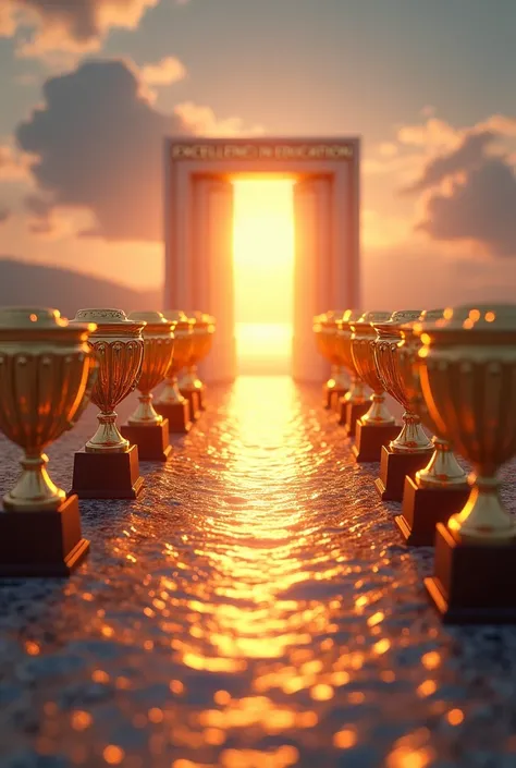 Create an image of A creative visual of a path lined with trophies leading to a bright, open door, shiny effects and symbolizing the journey to achieving the text with beautiful font of "EXCELLENCE  in EDUCATION".